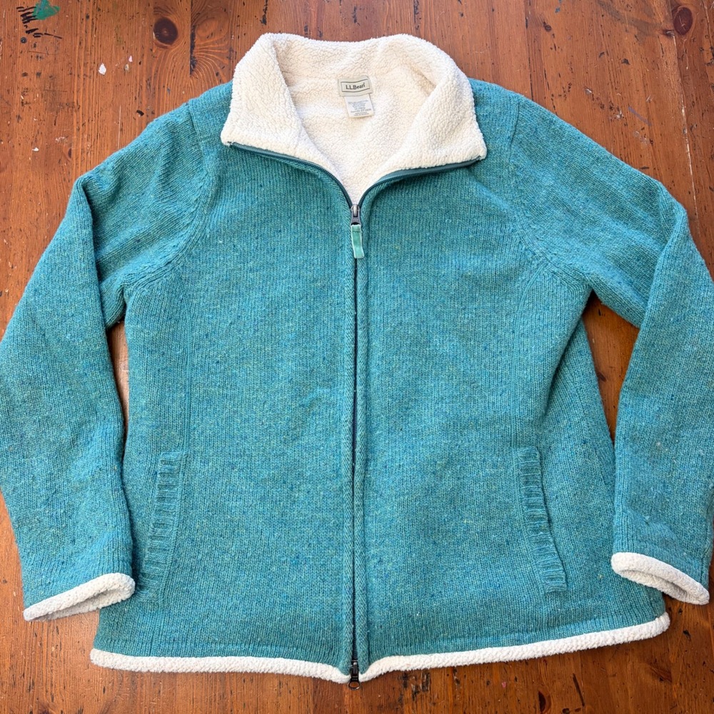 LL Bean Lambswool Womens M-Reg Sherpa Lined Full Zip Sweater Teal Blue 271806